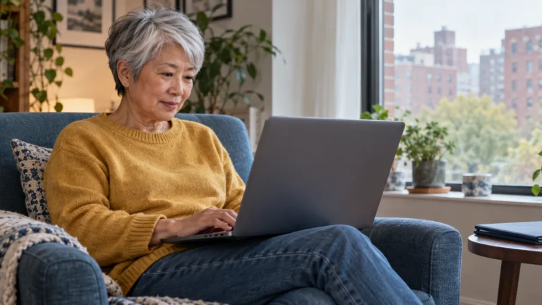 Older driver studying on a laptop in a New York living room