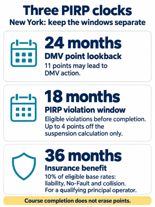 Stacked cards distinguish the 24-month DMV point lookback, 18-month PIRP violation window, and 36-month insurance benefit