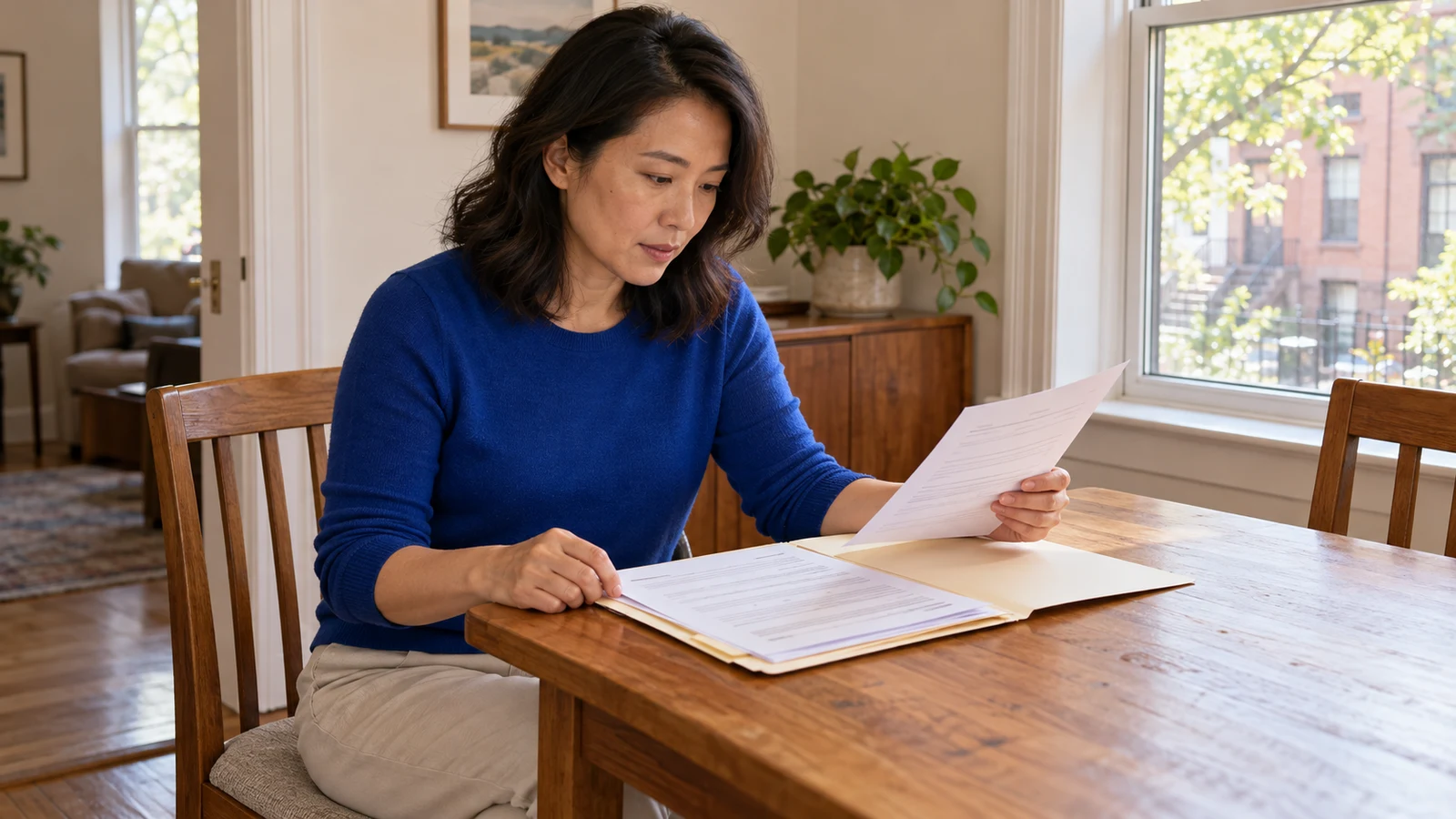 Woman in a cobalt knit top comparing a course certificate with insurance documents at a home dining table