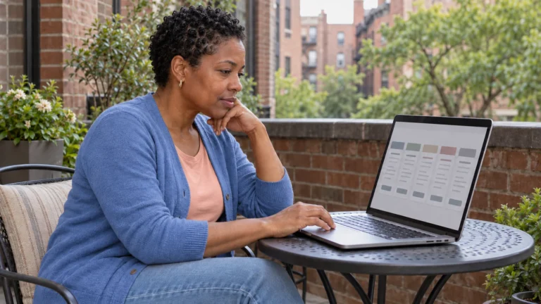 Woman comparing online course options on a laptop on a New York apartment terrace