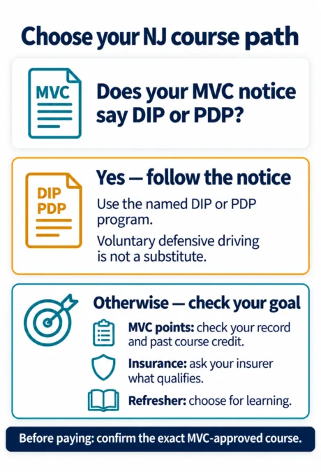 Course-choice guide: follow a notice naming DIP or PDP; otherwise check point, insurance or refresher goals separately