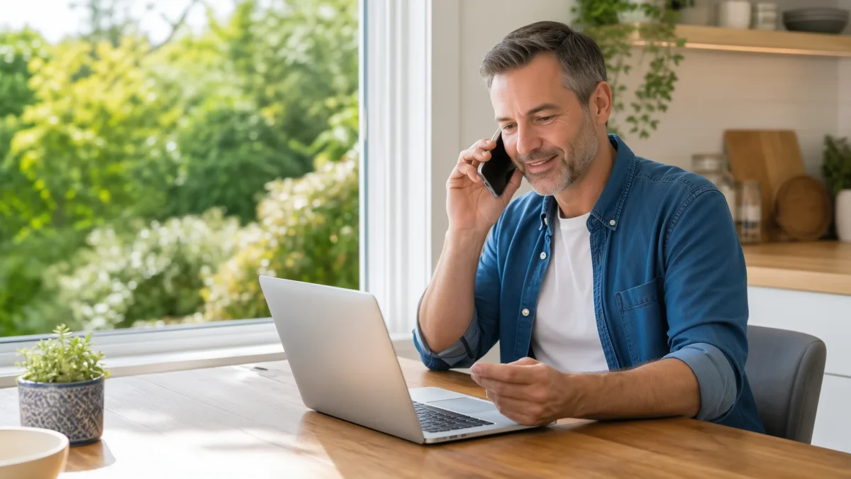 Driver on the phone reviewing auto insurance on a laptop