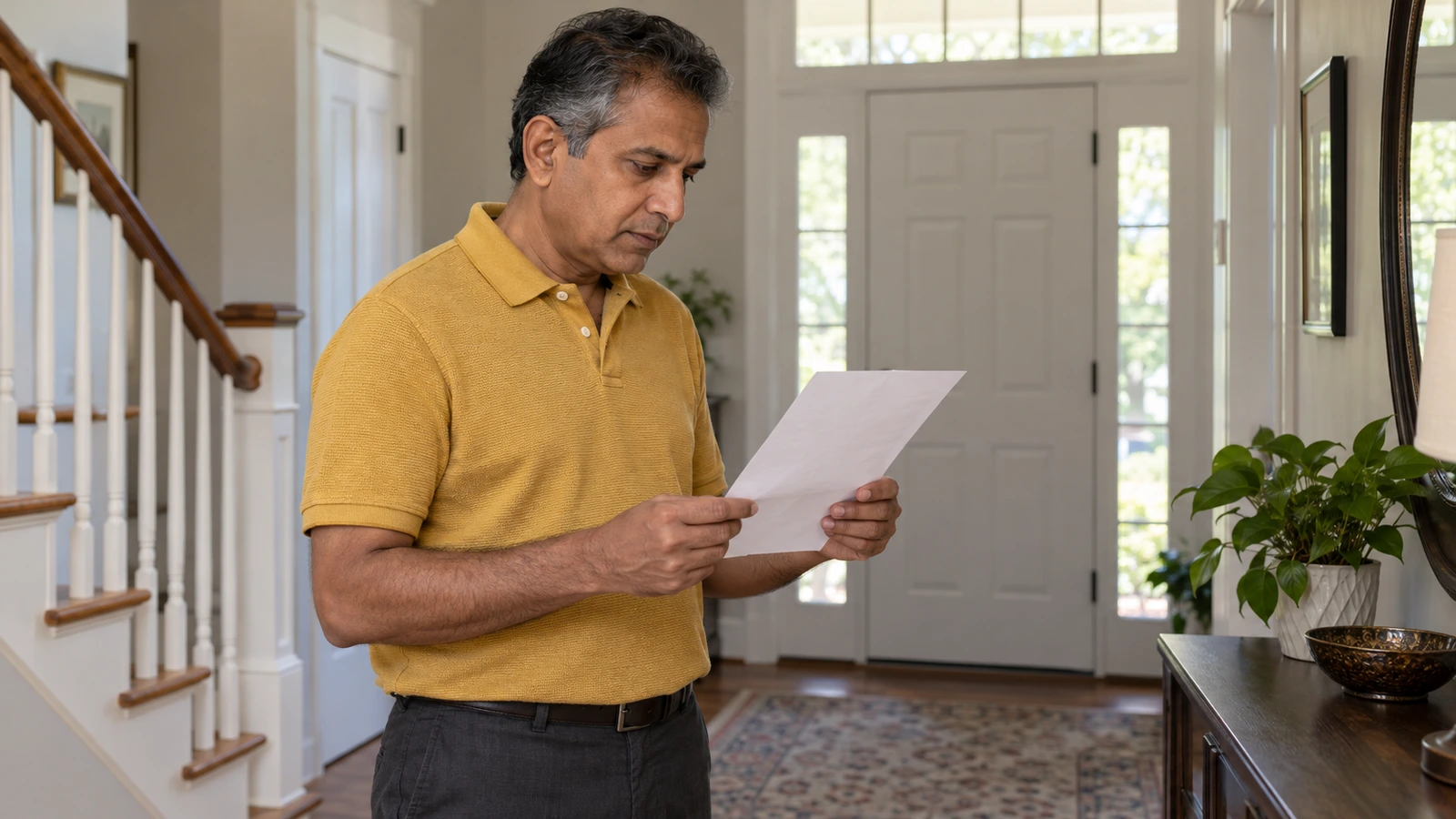Driver reading a letter in a home entrance foyer