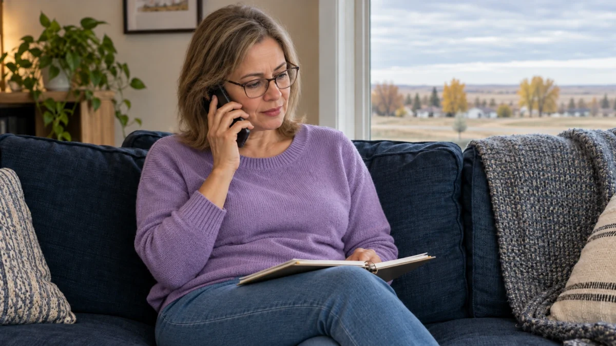 Woman talking on a phone with an open notebook on her lap at home.