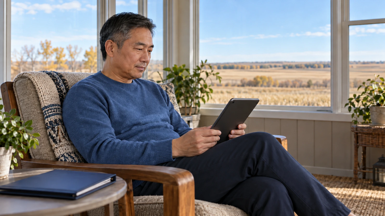 Man reading a tablet in a sunroom overlooking prairie fields.