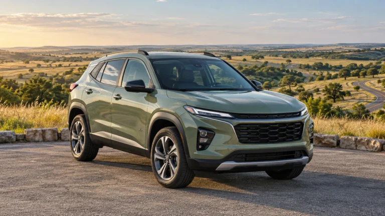 Sage-green SUV parked at a prairie overlook with rolling grassland and a winding road.