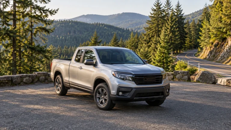 Silver pickup parked at a forested turnout overlooking Oregon foothills and a winding road.