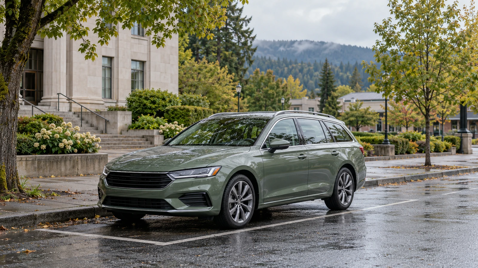 Sage-green wagon parked beside a civic building on a damp Oregon town street with trees and wooded hills.