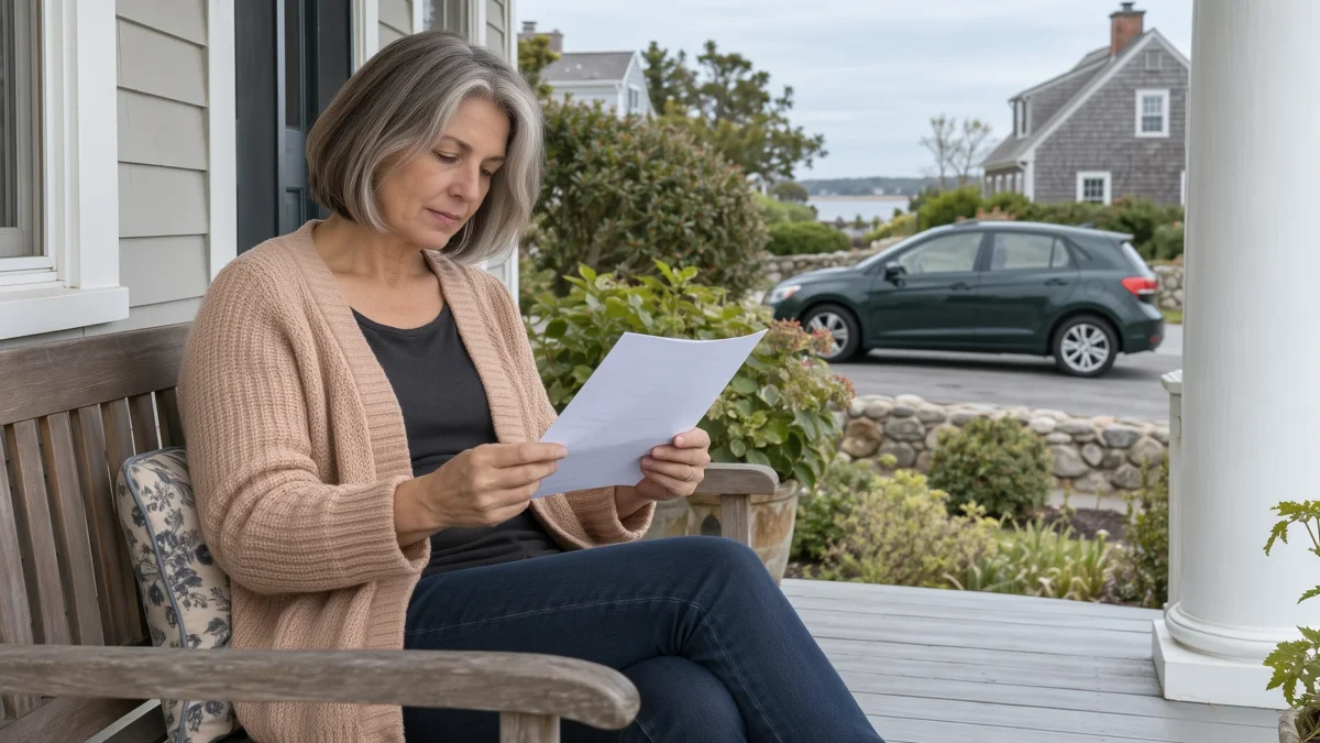 Woman reviewing a sheet of course information on a front porch beside a driveway.
