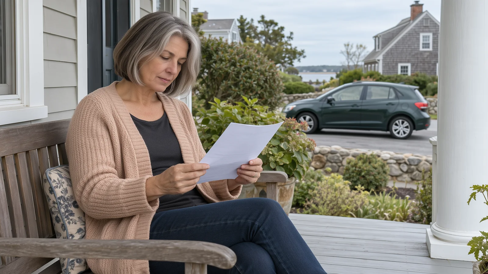 Woman reviewing a sheet of course information on a front porch beside a driveway.