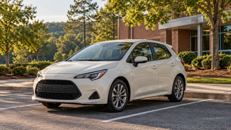 Cream hatchback parked beside a brick campus building with trees and wooded hills behind it.