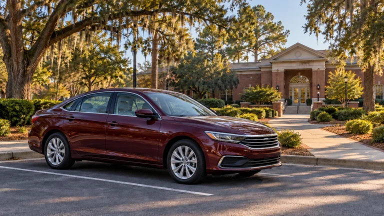 Burgundy sedan parked beside a walkway to a brick civic building beneath live oaks.