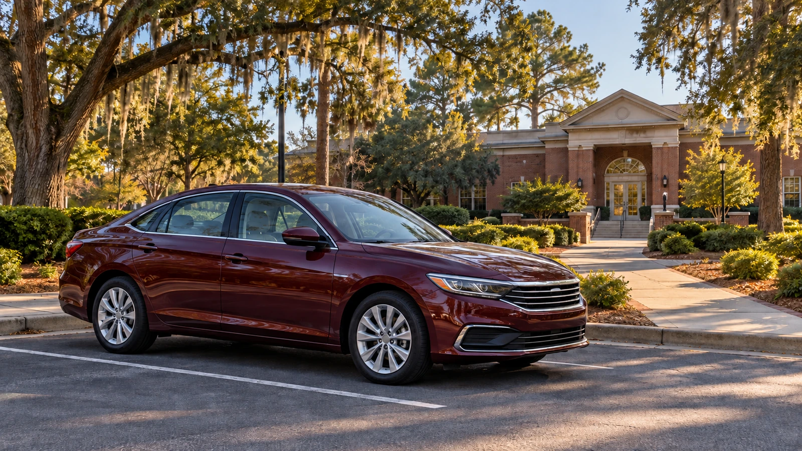 Burgundy sedan parked beside a walkway to a brick civic building beneath live oaks.