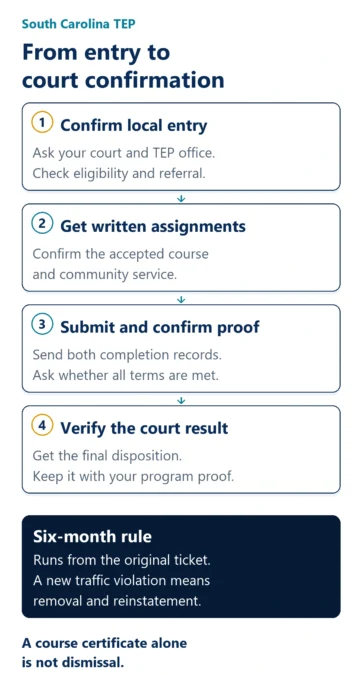 TEP steps: confirm local eligibility and entry, get written course and service assignments, submit and confirm both records, and obtain the final court disposition. The six-month new-violation rule runs from the original ticket; a course certificate alone is not dismissal.