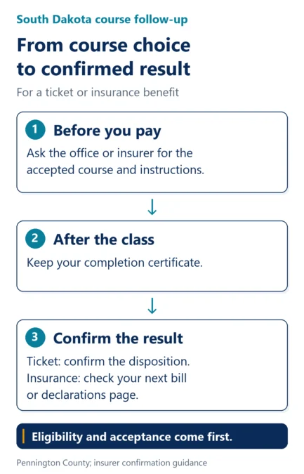 Before paying, ask the office or insurer for the accepted course and instructions. After class, keep the completion certificate. For a ticket, confirm the disposition; for insurance, check the next bill or declarations page. Eligibility and acceptance come first.