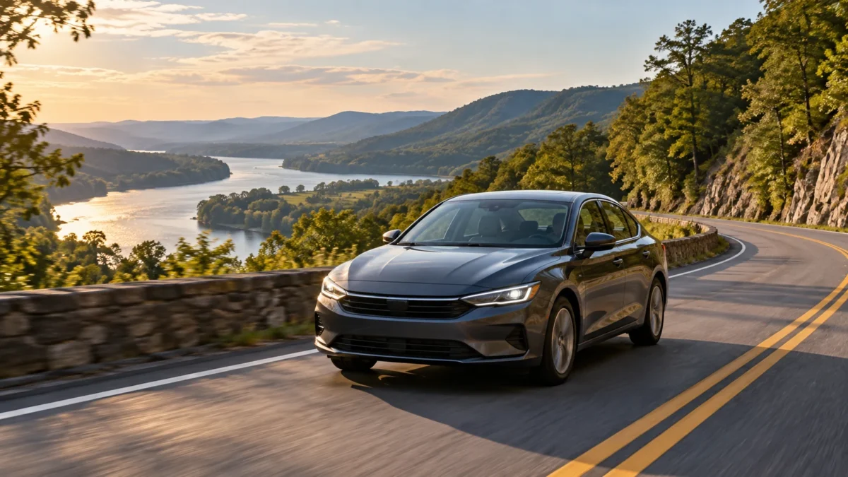Gray sedan on a winding Tennessee road above a wooded river valley.