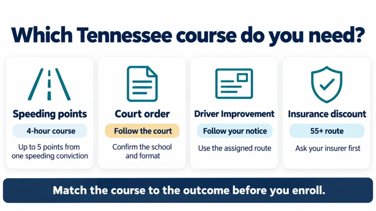Four cards show Tennessee course paths for speeding points, a court order, Driver Improvement, and an insurance discount.