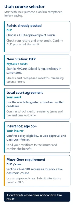For posted points, use a DLD-approved course and confirm processing. For DTP, start in MyCase and follow remaining terms. For a local agreement, follow your court and confirm the outcome. For insurance at age 55 or older, confirm eligibility and course format with the insurer, then send proof. Section 41-6a-904 requires an approved four-hour live class and attendance proof to DLD.