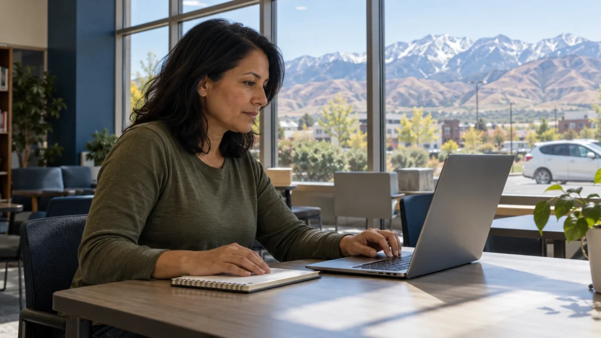 Woman using a laptop beside a notebook in a learning space overlooking mountain foothills.