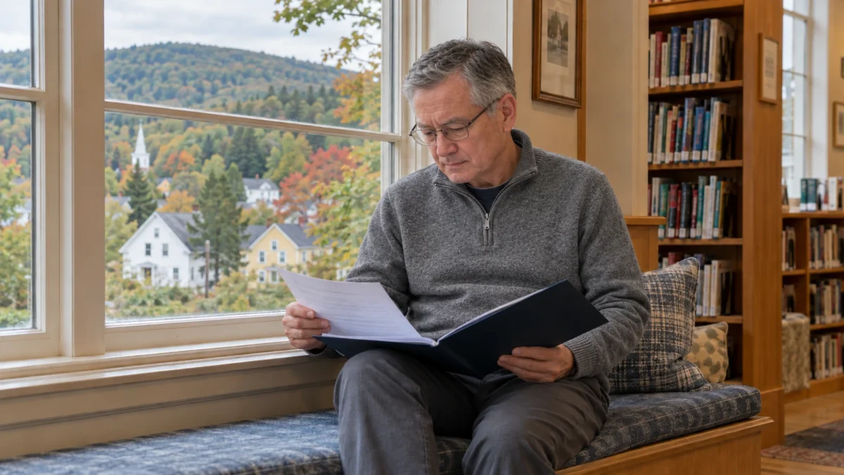 Man checking paperwork in a folder beside a library window overlooking a village.
