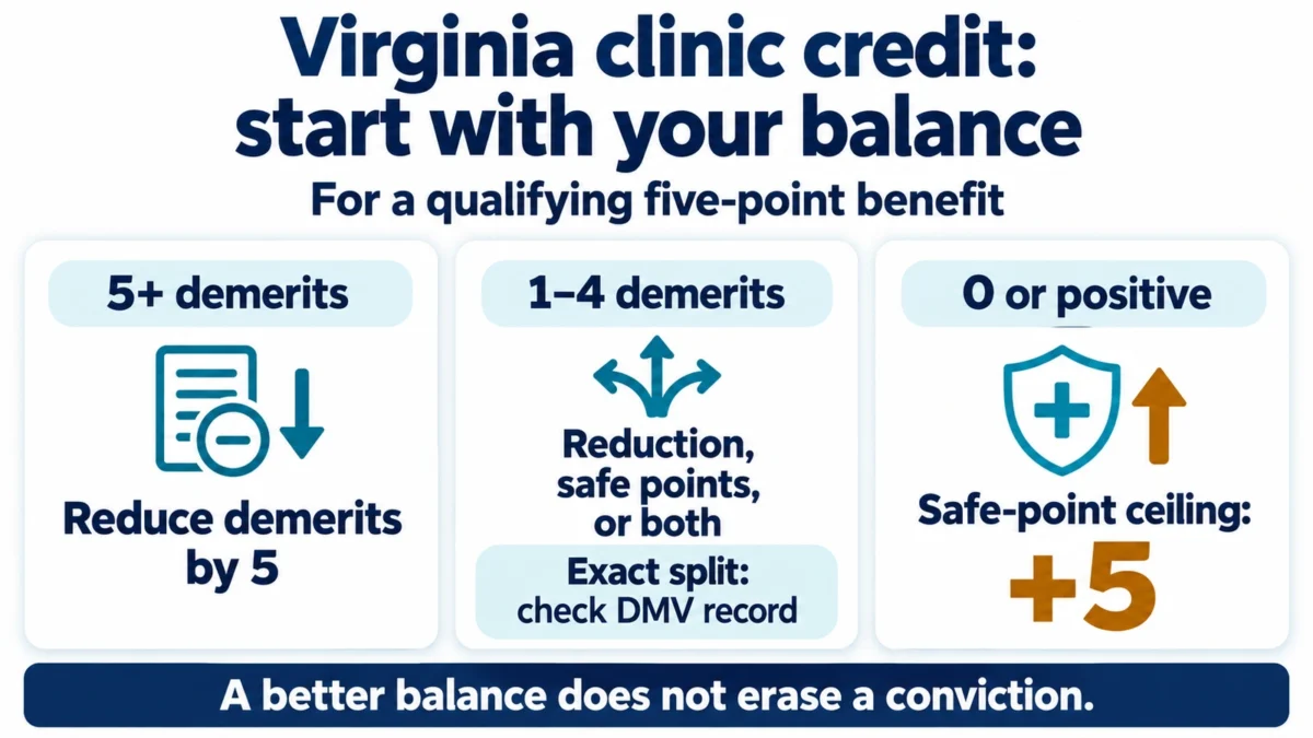 A qualifying Virginia clinic credit reduces five or more demerits by five; with one to four demerits, a reduction, safe-point award, or both may apply; safe points cannot exceed plus five