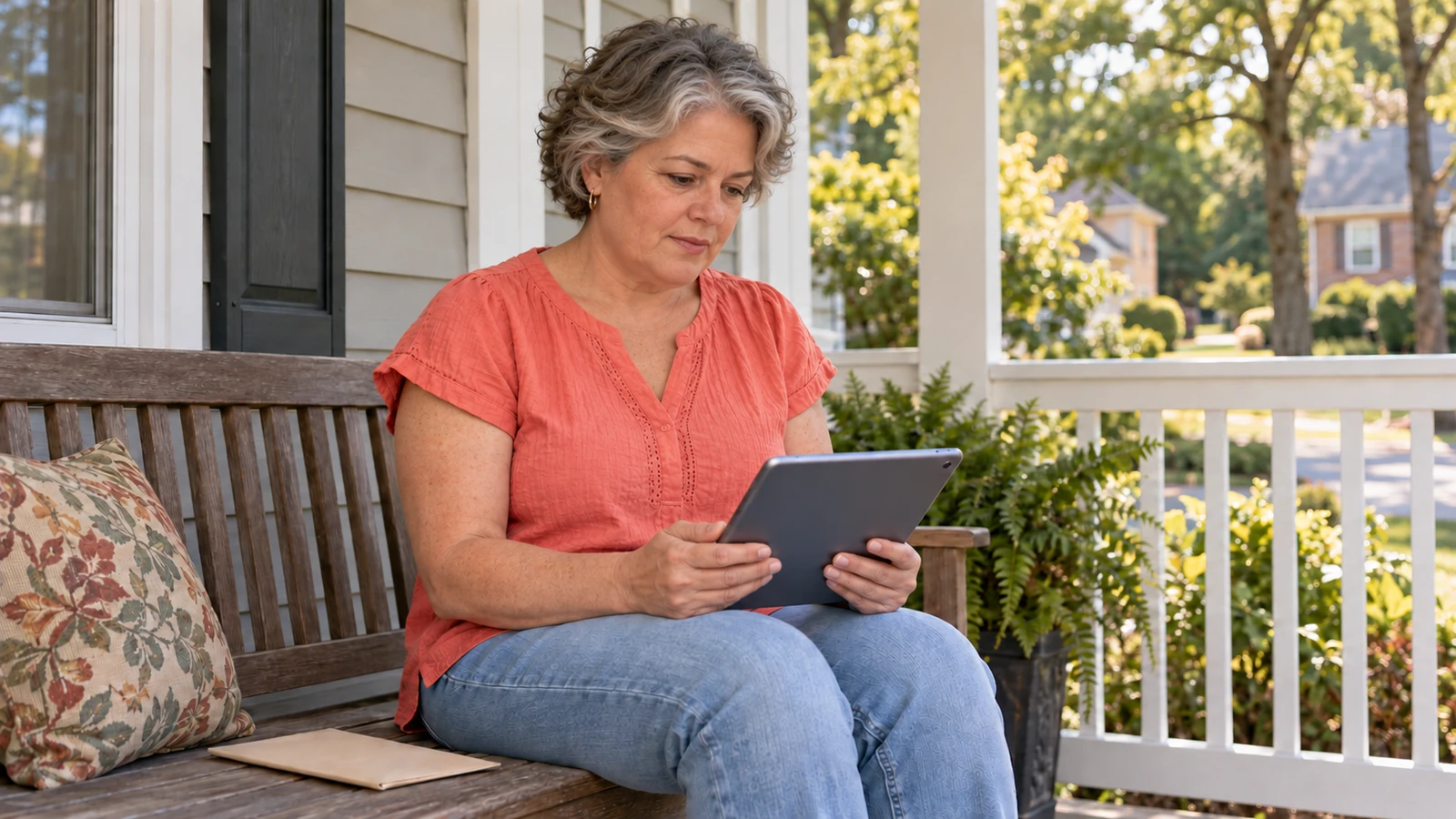 Woman reviewing a tablet on a shaded front porch before choosing a driver improvement clinic