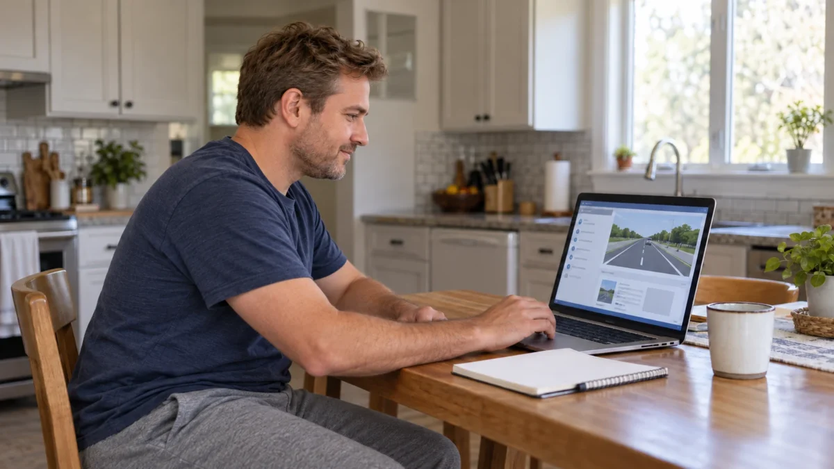 Adult taking an online driving course on a laptop at a kitchen table