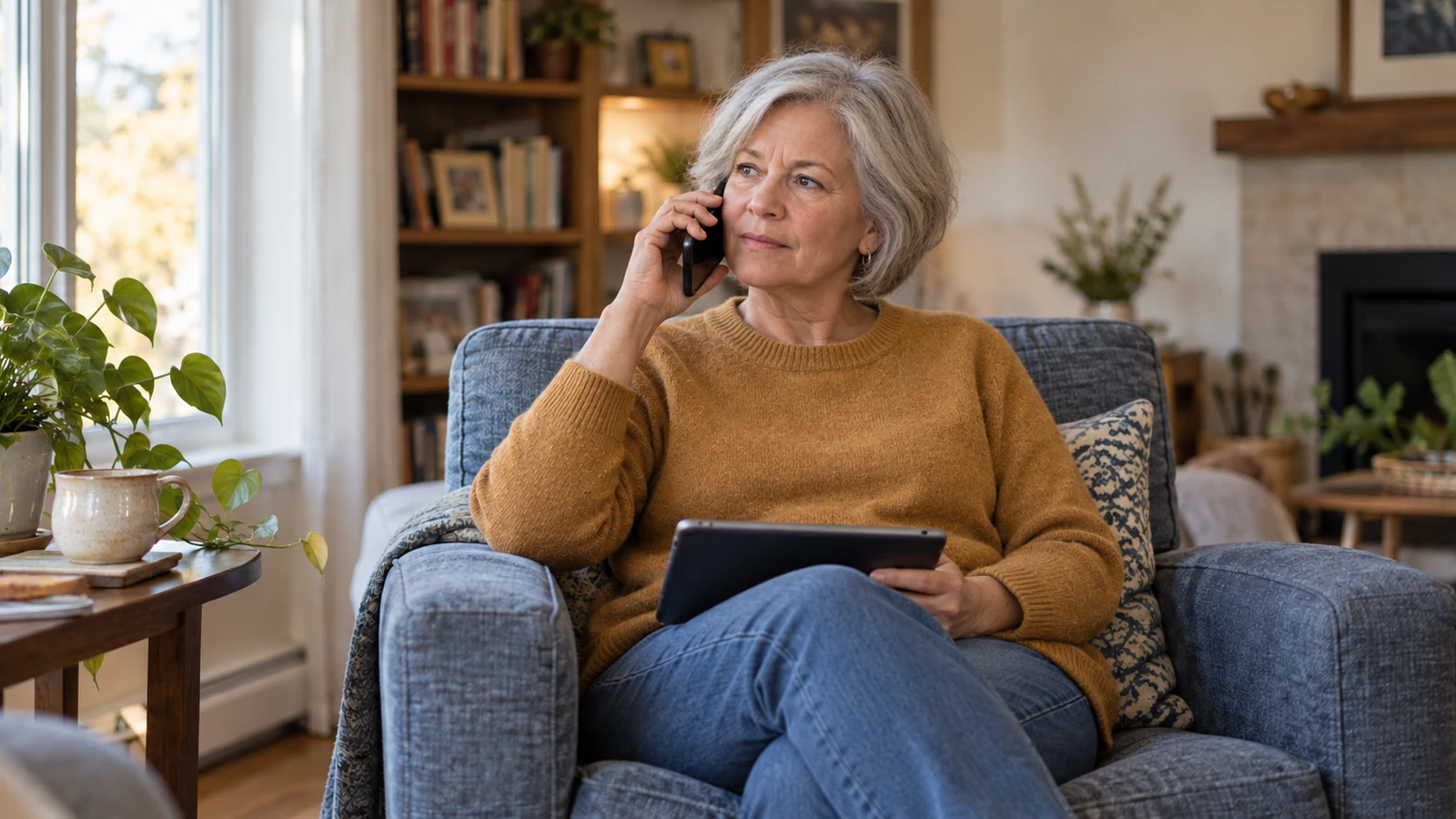 Driver making a phone call with a tablet on her lap in a living-room armchair