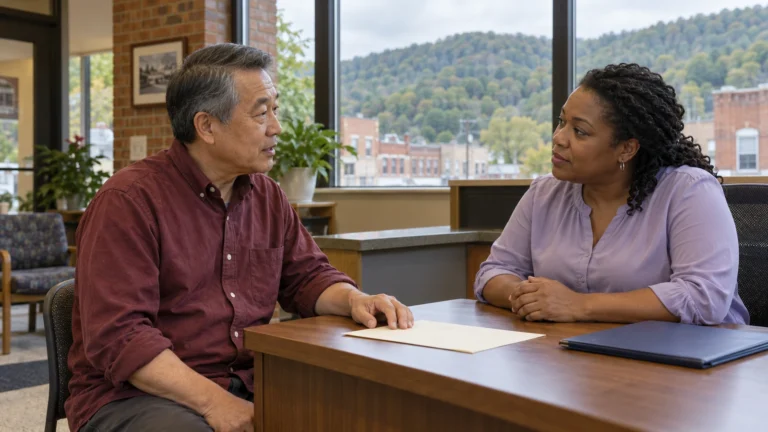 Man discussing course information with a woman at a community-center desk.