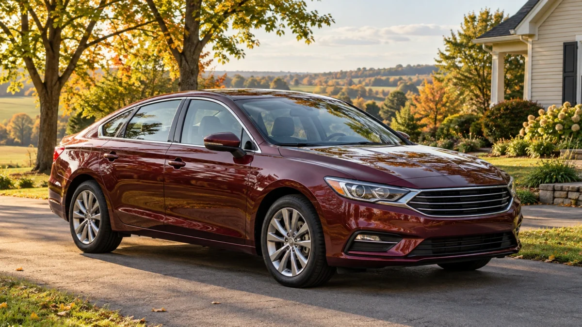 Burgundy sedan parked beside a home with autumn trees and rolling Wisconsin-style countryside.