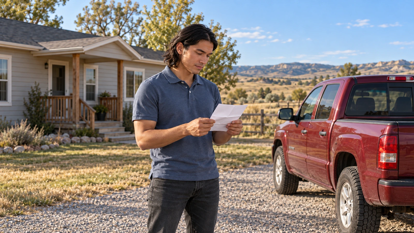 Young man reviewing a paper beside a parked pickup in a rural home front yard.